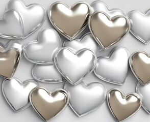 Wall Mural - Silver and gold hearts scattered on white background.