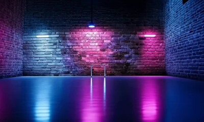 Wall Mural - vibrant neon light reflections on a brick wall: a colorful urban background for creative projects an