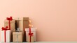 © good everyday - Stack of gifts with red and grey ribbon against a peach background.
