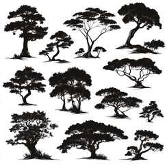  set of trees silhouettes on white