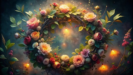 Poster - Low Light Watercolor Wreath of Flowers, Artistic Floral Arrangement