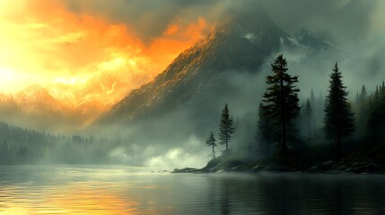 Wall Mural - Misty Mountain Lake at Sunset: A breathtaking landscape painting, depicting a serene lake shrouded in mist at sunset.