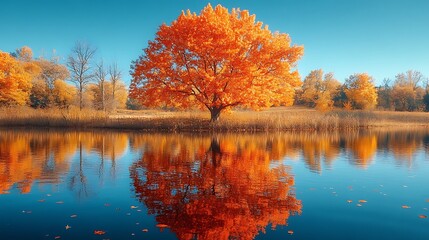 Wall Mural - Autumn Reflections: A vibrant orange maple tree stands majestically beside a calm lake, its fiery foliage mirrored perfectly in the still water, creating a breathtaking autumnal scene. 