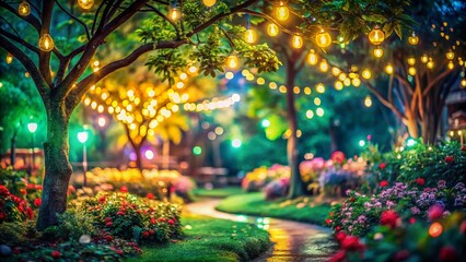 Wall Mural - Lush Green Bokeh Nature Background: Abstract Colorful Leaves and Flowers in a Night Garden