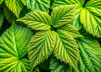 Wall Mural - Lush Green Raspberry Bush Leaves - Close-up Stock Photo