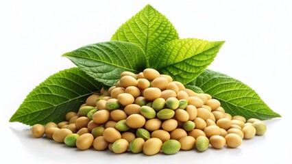 Wall Mural - Lush Green Soybean Plants Double Exposure Stock Photo - Isolated Heap of Soybeans on White