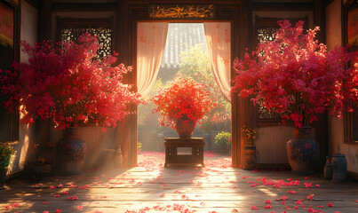 Sticker - Sunlit Asian courtyard, blooming flowers, serenity