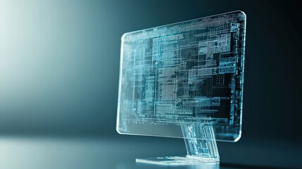 Fototapete - Futuristic Transparent Computer Monitor Displaying Complex Digital Data and Code in a Sleek, Modern Tech Environment for Innovation and Creativity Themes