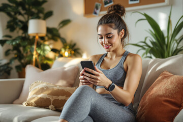 Wall Mural - Young woman in activewear smiling while using smartphone on cozy sofa, surrounded by plants and warm light at home interior.