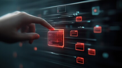 Fototapete - Futuristic Digital Interface with Human Hand Interacting, Concept of Advanced Technology, Data Visualization and User Engagement in a Virtual Environment
