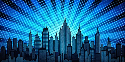 Wall Mural - Macro City Silhouette on Vibrant Blue Comic Book Background - Stock Photo