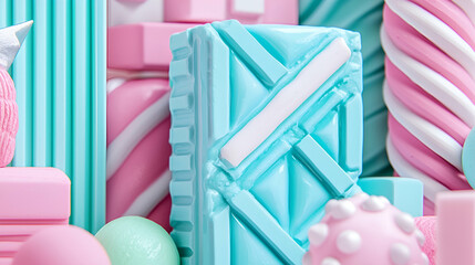 Wall Mural - A colorful assortment of pastel candies, featuring various shapes and textures, including bars, swirls, and spheres in pink and blue hues.