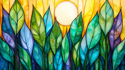 Sticker - A vibrant stained glass depiction of leaves in various shades, illuminated by a bright sun in a golden sky.