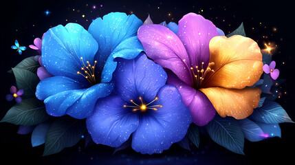 Sticker - A vibrant arrangement of blue, purple, and yellow flowers against a dark background, featuring delicate petals and shimmering accents.