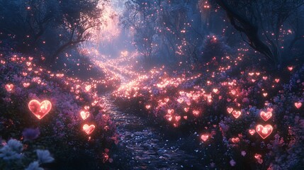 a magical valley filled with oversized radiant flowers and heart-shaped bushes glowing softly