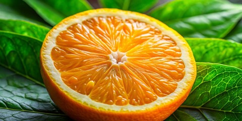 Wall Mural - Macro Photography: Vibrant Orange Slice with Fresh Green Leaf