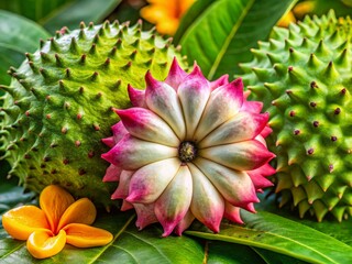 Wall Mural - Macro Photography of Soursop Fruit and Flower Details, Vibrant Green Tropical Fruit Close Up