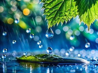 Wall Mural - Macro Rain Drops on Leaf During a Passing Thunderstorm