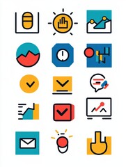 Leinwandbilder - Colorful icons representing business concepts and teamwork displayed in a grid layout on a light background. Generative AI