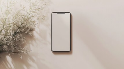 Wall Mural - Blank mockup template of a slim smartphone on a pale beige surface, surrounded by clean lighting and minimalistic design.