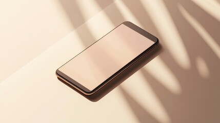 Blank mockup template of a slim smartphone on a neutral background, surrounded by subtle reflections and minimalist shadows.