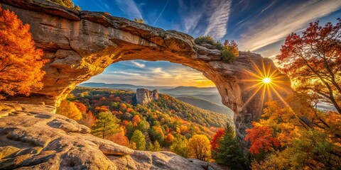 Wall Mural - Majestic Autumnal Forest Rock Arch: Golden Leaves & Sunlight