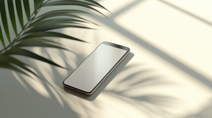Blank mockup template of a slim smartphone on a neutral background, surrounded by subtle reflections and minimalist shadows.