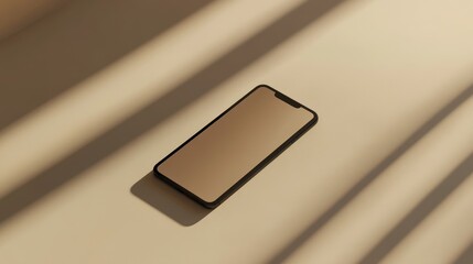 Blank mockup template of a smartphone on a smooth beige surface, with minimal lighting and clean textures.