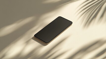 Wall Mural - Blank mockup template of a slim smartphone on a smooth beige surface, surrounded by simple shadows and minimalist tones.
