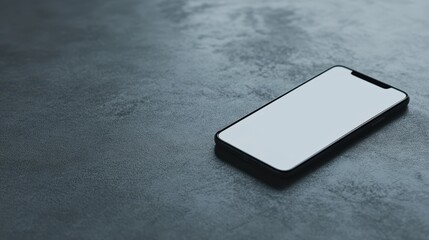Wall Mural - Blank mockup template of a smartphone resting on a plain gray surface, with minimal lighting and clean reflections.