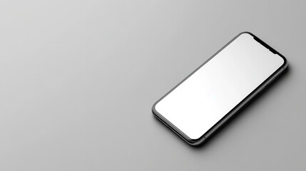 Wall Mural - Blank mockup template of a smartphone resting on a plain gray surface, with minimal lighting and clean reflections.