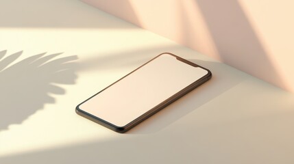 Wall Mural - Blank mockup template of a smartphone on a pale beige surface, surrounded by clean lines and neutral reflections.
