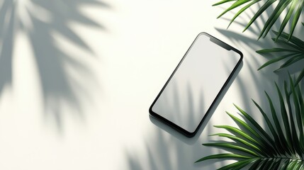 Wall Mural - Blank mockup template of a smartphone placed on a smooth white background, with subtle shadows and minimalistic tones.
