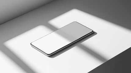 Wall Mural - Blank mockup template of a slim smartphone on a light gray surface, with soft shadows and minimalist highlights.