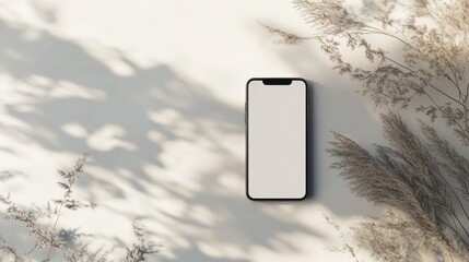 Wall Mural - Blank mockup template of a smartphone on a light neutral background, surrounded by soft highlights and minimalistic design.