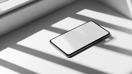 Wall Mural - Blank mockup template of a slim smartphone on a plain white surface, surrounded by minimalist lighting and shadows.