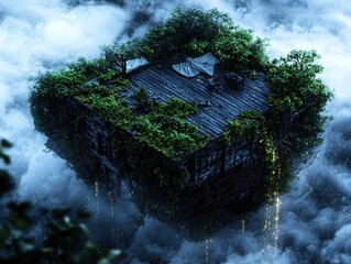 Wall Mural - a tranquil floating sanctuary suspended above a shimmering sea of bioluminescent mist. radiant garde