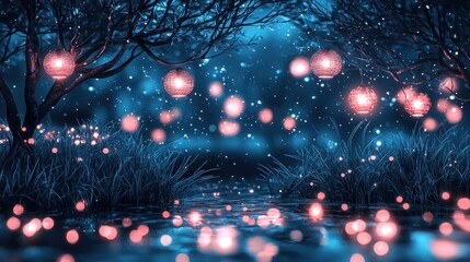 Wall Mural - A tranquil meadow glowing softly with radiant wildflowers that bloom in perfect harmony with the stars above. Floating lanterns hover gently in the air, casting soft reflections onto the bioluminescen