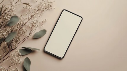 Wall Mural - Blank mockup template of a smartphone resting on a plain beige background, with simple textures and soft lighting.