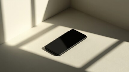 Wall Mural - Blank mockup template of a sleek smartphone on a neutral-colored surface, surrounded by gentle light and simple tones.