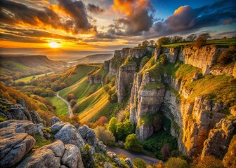 Sticker - Majestic Cheddar Gorge Sunset: Dramatic Cliffside Landscape Photography