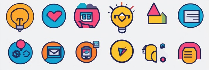 Aufkleber - Colorful icons representing different concepts in a modern design with a playful touch suitable for digital platforms. Generative AI