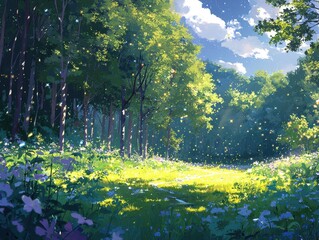 Wall Mural - a celestial forest where radiant trees emit a soft golden glow. streams of liquid stardust flow gent