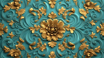 Wall Mural - Luxurious Baroque Turquoise and Gold Floral Pattern with Symmetrical Design