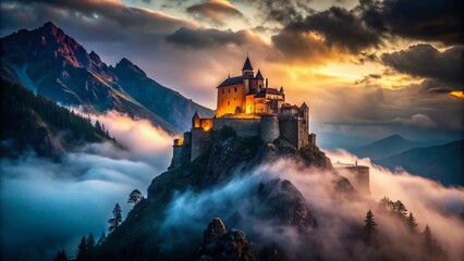 Wall Mural - Majestic Mountain Fortress Silhouette in Fog - Dramatic Stock Photo