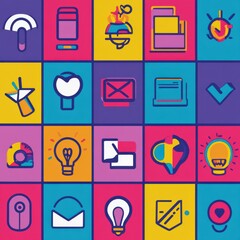Leinwandbilder - Creative design grid showcasing colorful icons representing various concepts and activities for modern communication. Generative AI