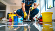 © INT888 - professional repairing garage floor with trowel, surrounded by tools and cleaning supplies