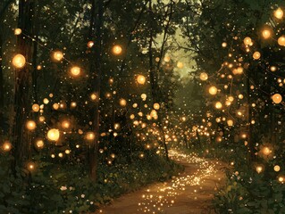 Wall Mural - a mystical forest glowing softly under a sky filled with swirling galaxies. radiant vines drape from