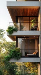 Poster - Modern residential building with green terraces and city skyline in the background during sunset