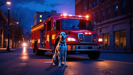 A Dalmatian sits in front of a bright red fire truck at night, illuminated by streetlights in a quiet urban setting.